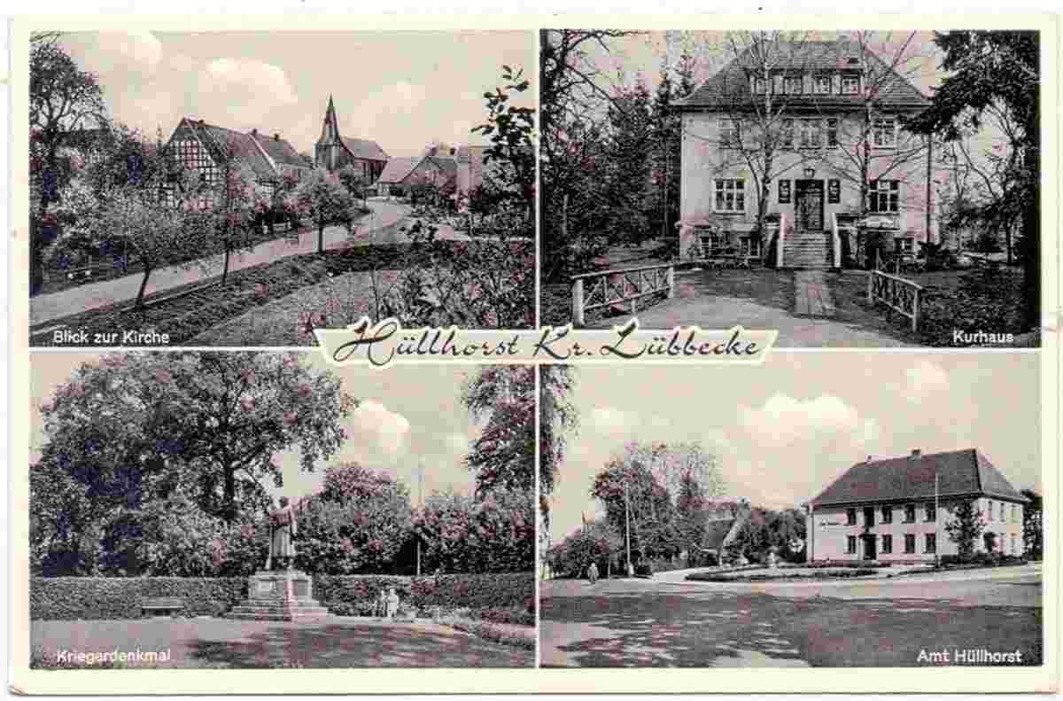 Hüllhorst. Kriegerdenkmal, Amt Hüllhorst, Blick zur Kirche, Kurhaus, 1962