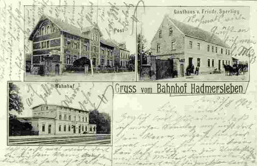 Hadmersleben. Bahnhof, Post und Gasthaus, 1902