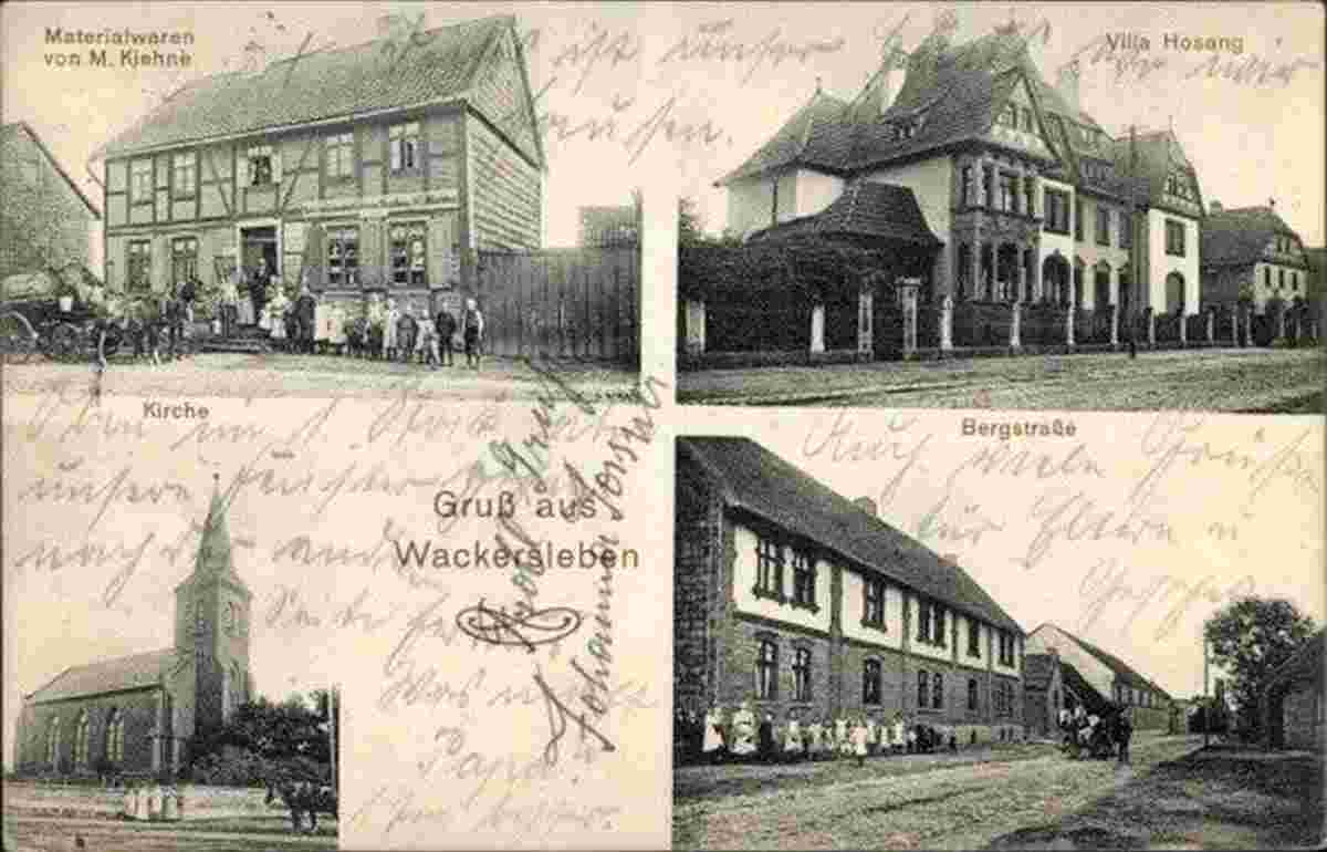 Hötensleben. Wackersleben - Materialwaren von M. Kiehne, Villa Hosang, Kirche, Bergstraße, 1914
