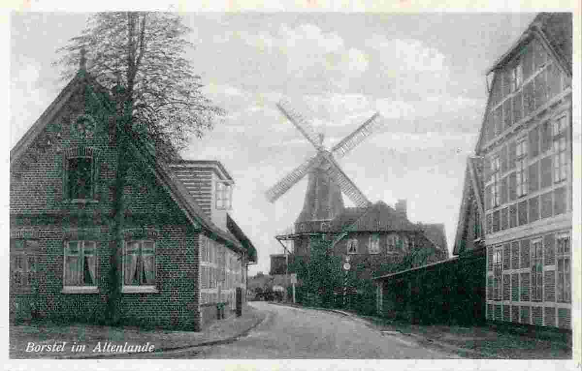 Jork. Borstel - Blick auf Dorfstraße mit Mühle