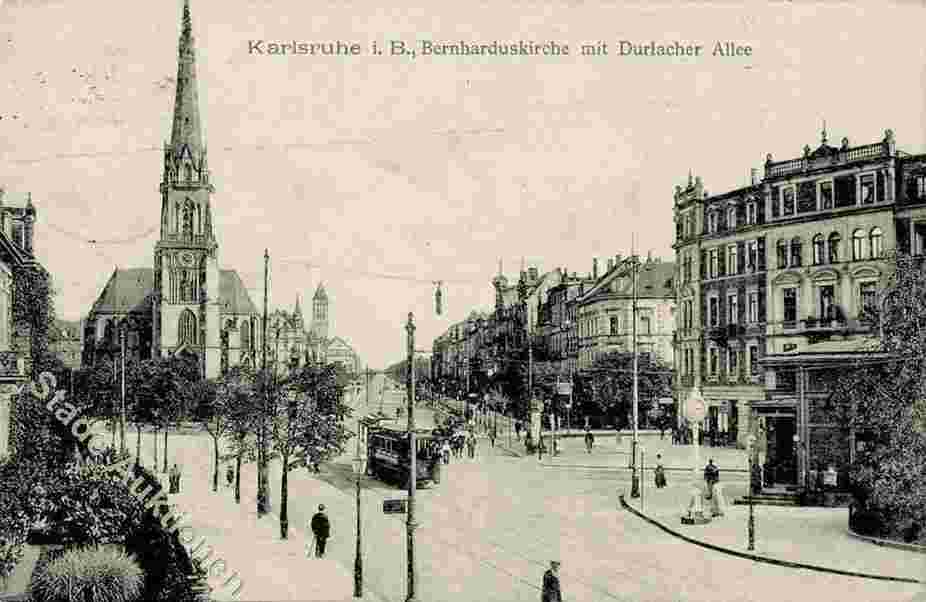 Karlsruhe. Bernarduskirche, Durlacher Allee und Straßenbahn