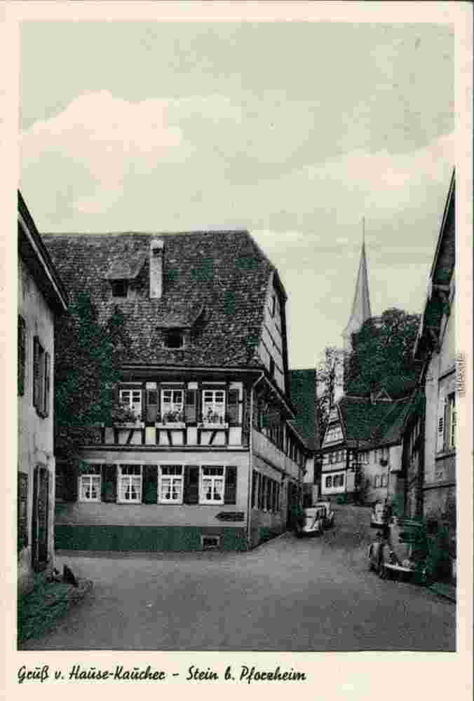 Königsbach-Stein. Stein - Gasthaus zur Krone, Metzgerei, Kirche, 1955