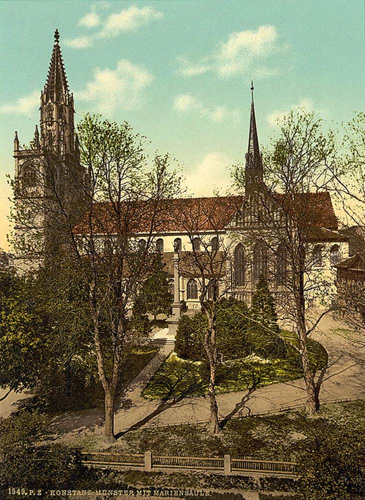 Konstanz.Kathedrale und die Mariensäule, um 1890 