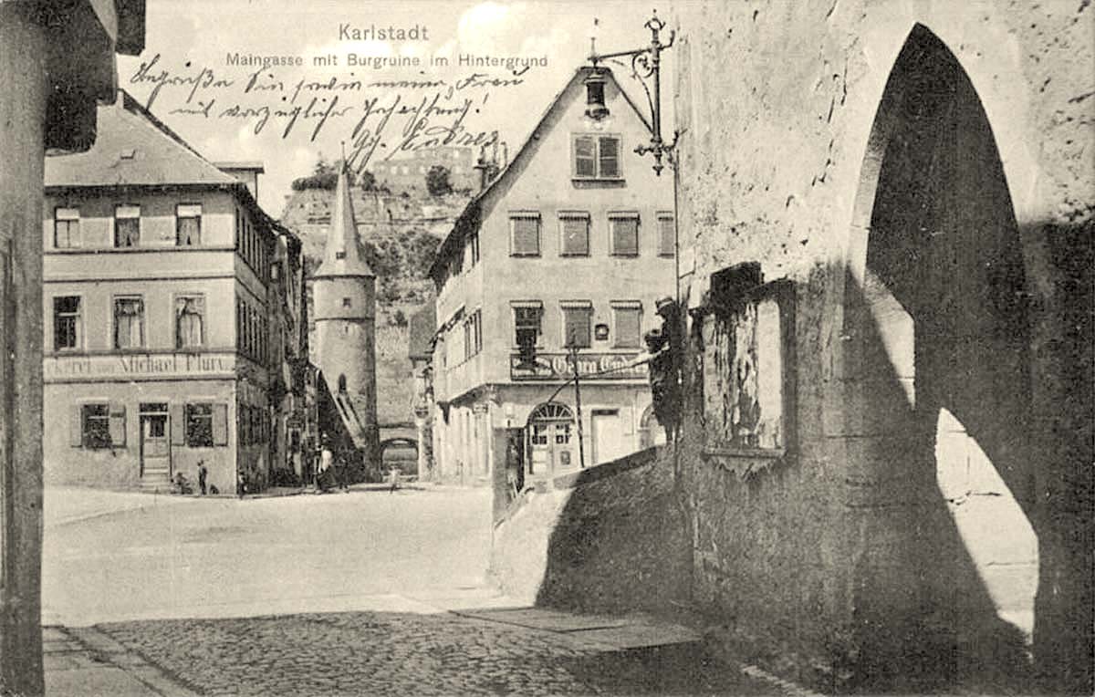 Karlstadt. Maingasse und Ruine Karlsburg