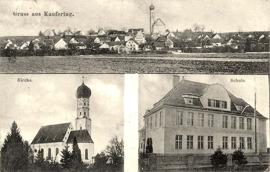 Kaufering. Panorama der Stadt, Kirche und Schule