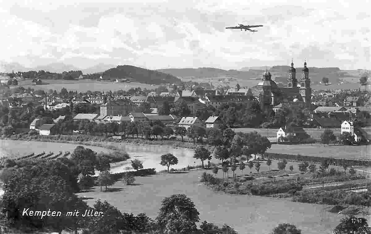 Panorama von Kempten mit Iller, Flugzeug, 1937
