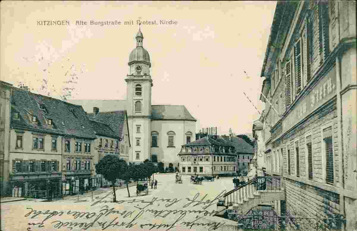 Kitzingen. Alte Burgstraße mit Protestantische Kirche, 1913