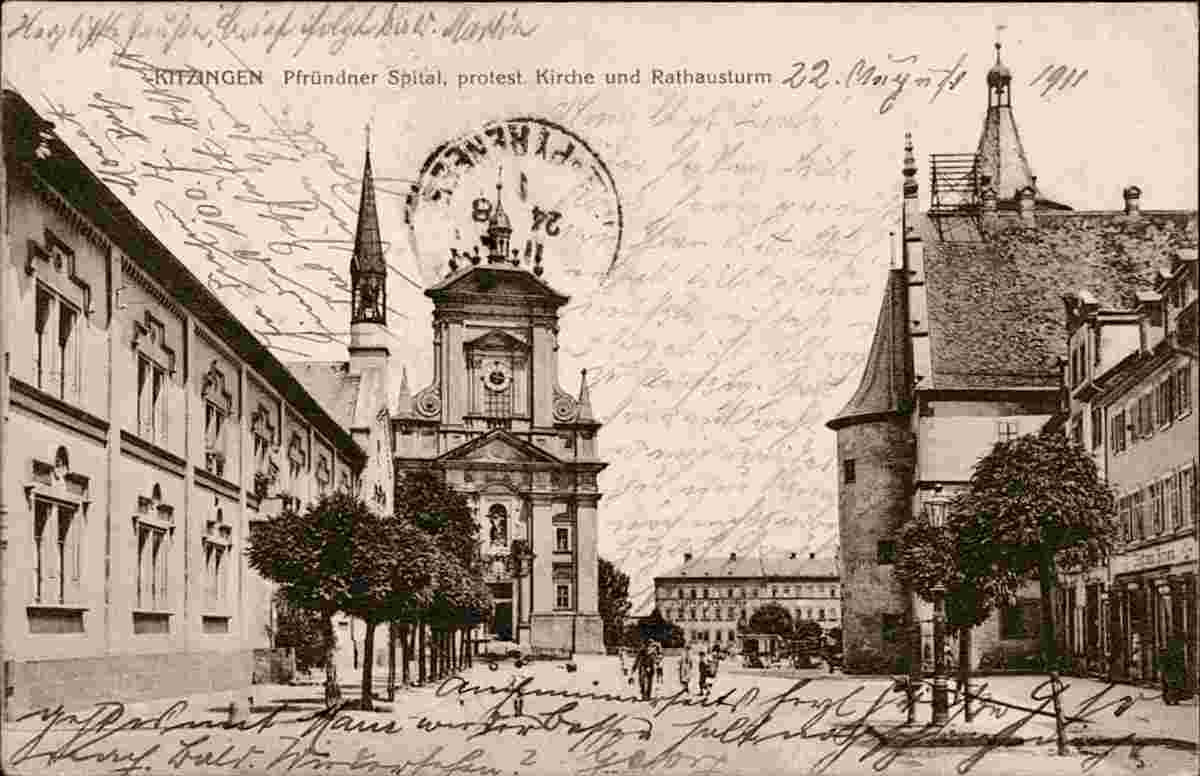 Kitzingen. Pfründner Spital, protestantische Kirche und Rathausturm, 1911