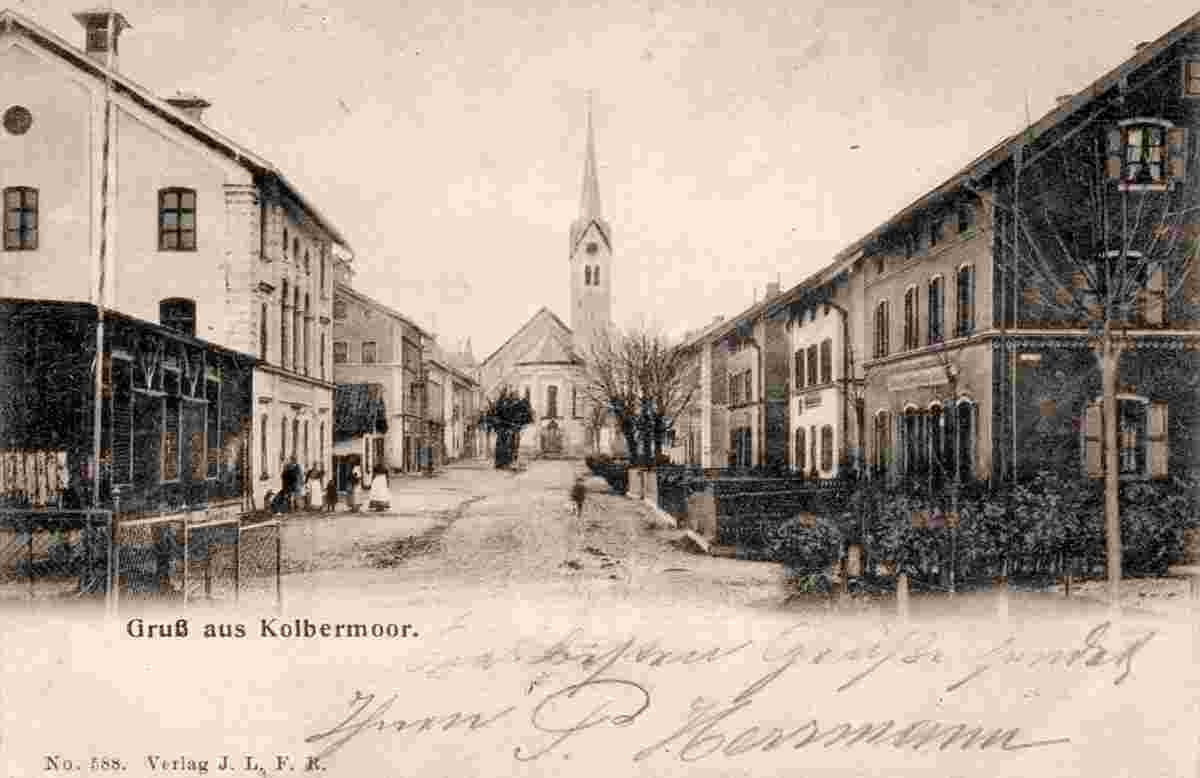 Kolbermoor. Panorama von Straße und Kirche, 1905