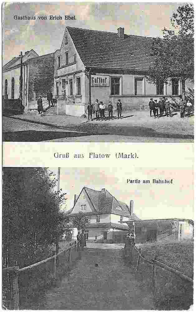 Kremmen. Flatow - Gasthaus von Erich Ebel und Bahnhof, 1930