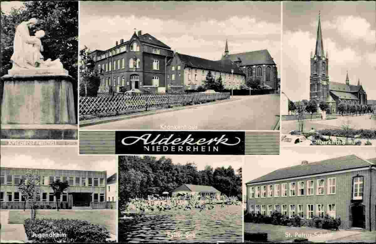 Kerken. Aldekerk - Kriegerdenkmal, Krankenhaus, Pfarrkirche, Jugendheim, St. Petrus-Schule, 1980