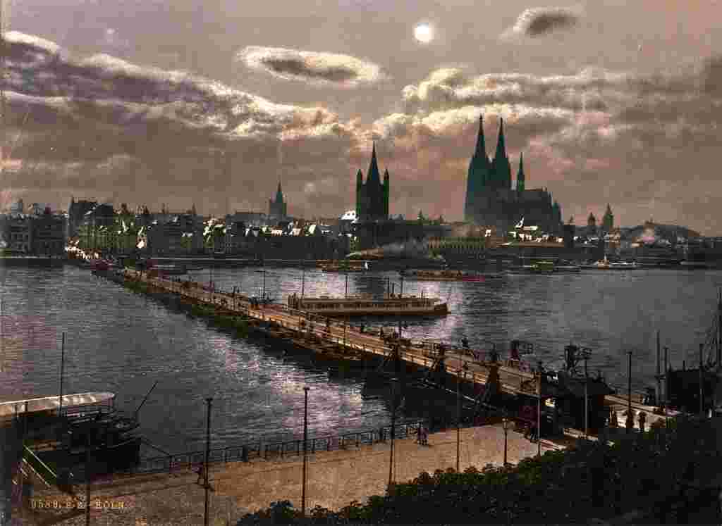 Köln. Mondhellen Nacht, panorama von Pontonbrücke