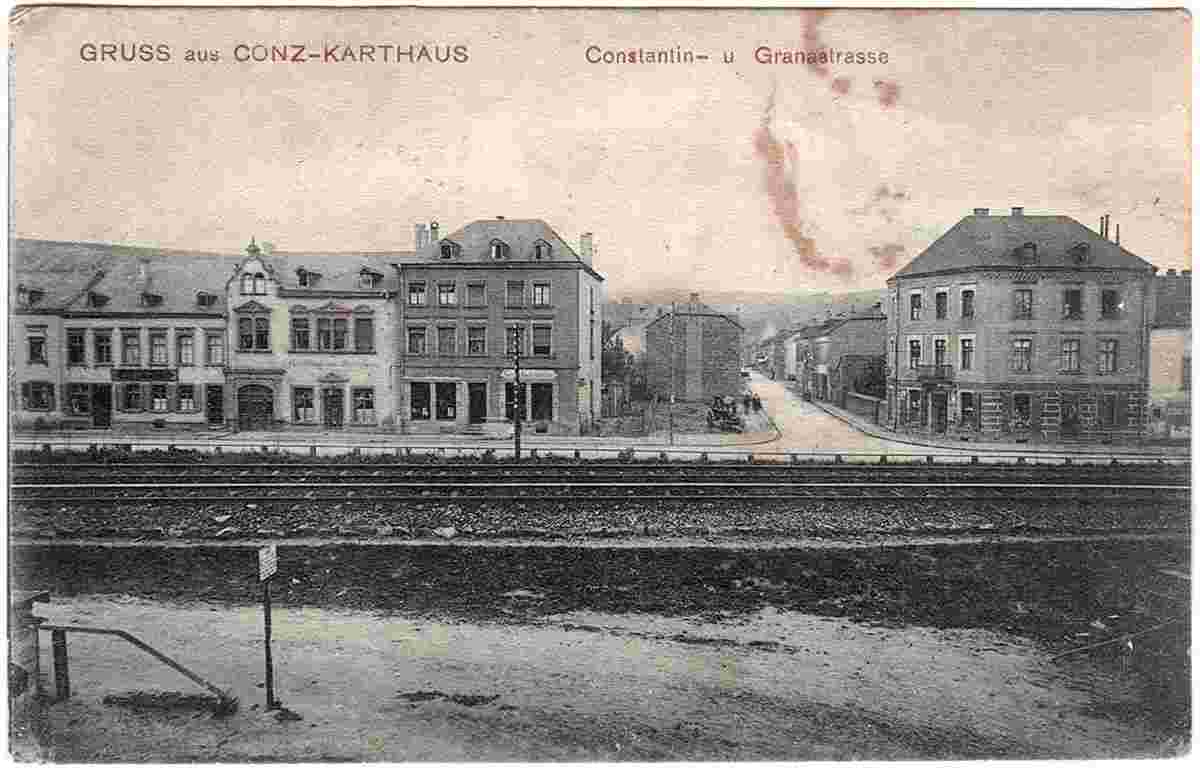 Konz. Karthaus - Constantinstraße und Granastraße, eisenbahn, 1907