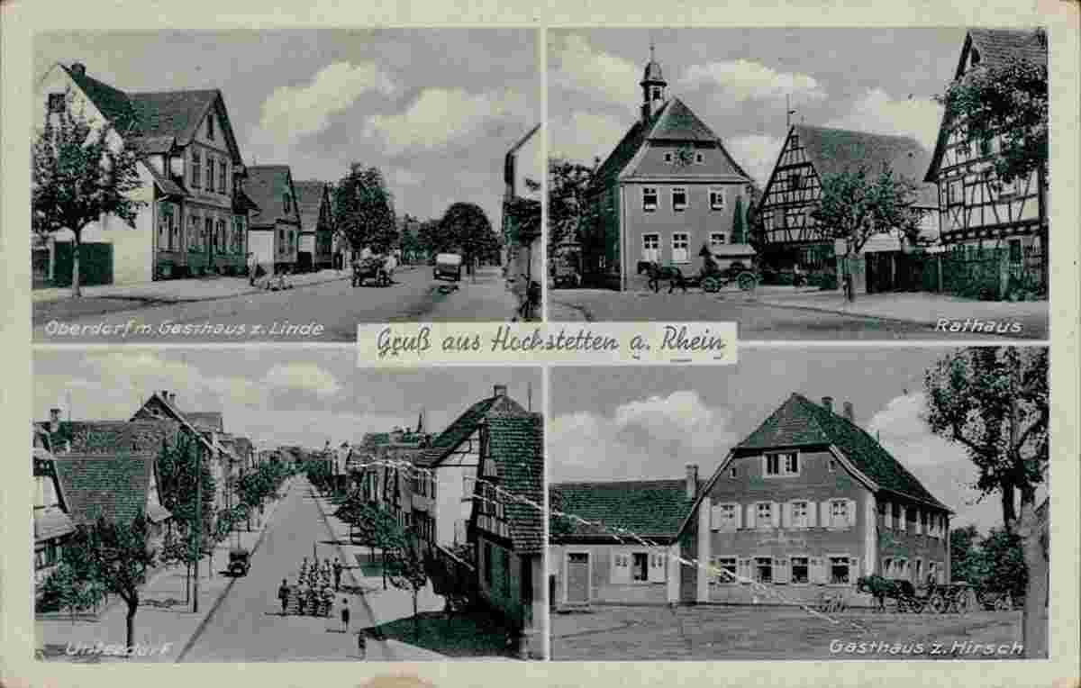 Linkenheim-Hochstetten. Hochstetten - Oberdorf mit Gasthaus zum Linde, Rathaus, Unterdorf, Gasthaus zum Hirsch, um 1940