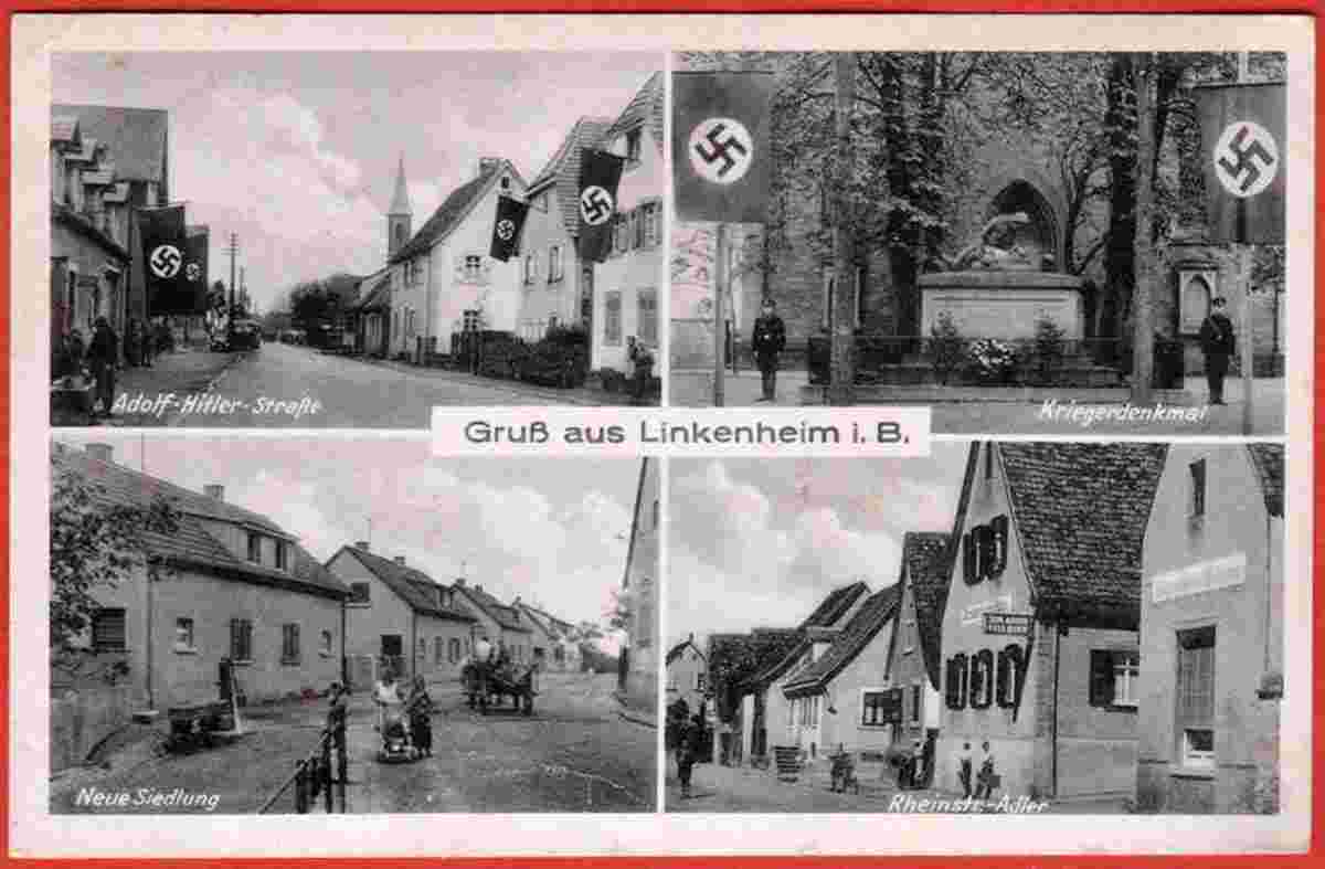 Linkenheim-Hochstetten. Linkenheim - Adolf Hitler Straße, Kriegerdenkmal, Neue Siedlung, Rheinstraße, um 1940