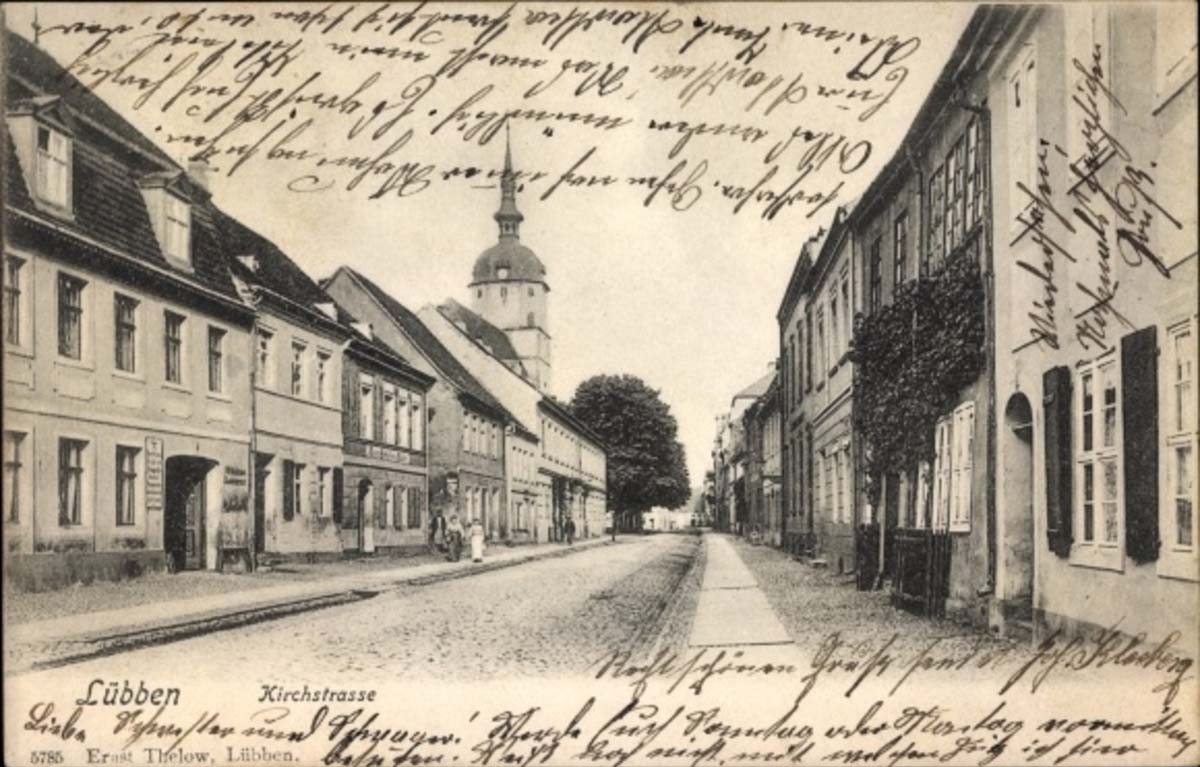 Lübben (Spreewald). Kirchstraße, Geschäfte, 1907