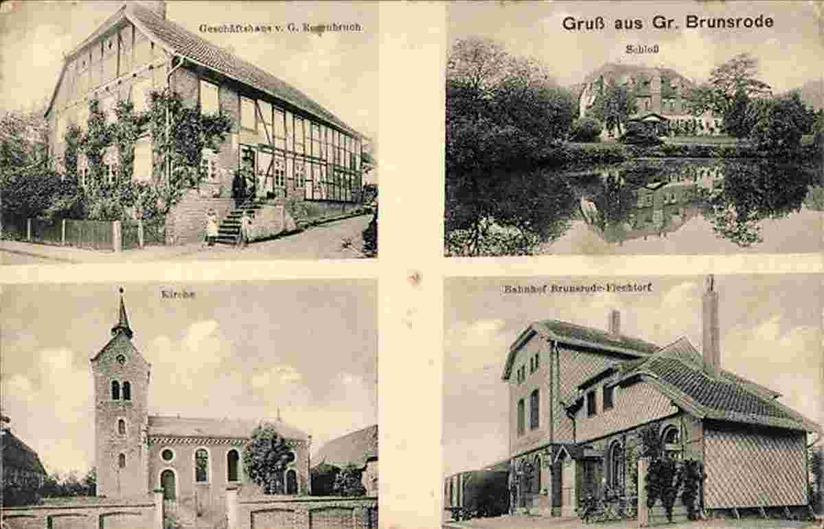 Lehre. Groß Brunsrode - Geschäftshaus G. Rosenbruch, Schloss, Kirche, Bahnhof Brunsrode-Flechtorf