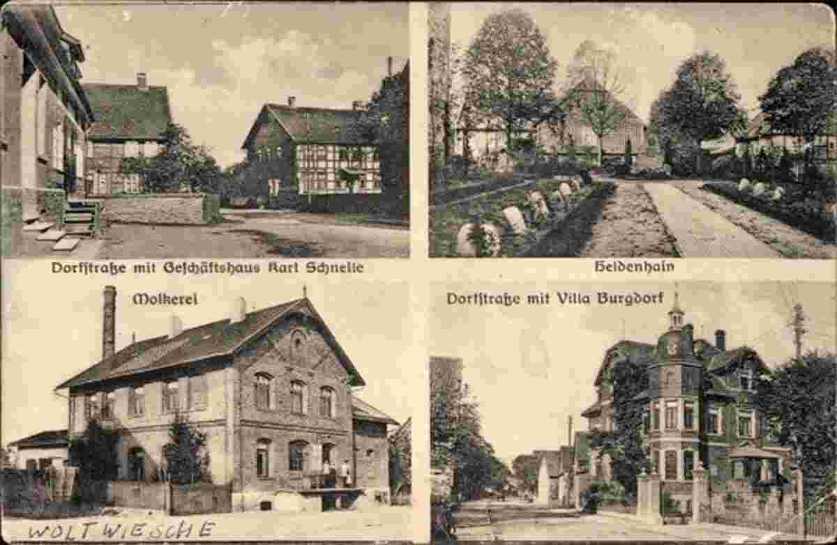 Lengede. Woltwiesche - Dorfstraße mit Geschäftshaus Karl Schnelle, Molkerei, 1930
