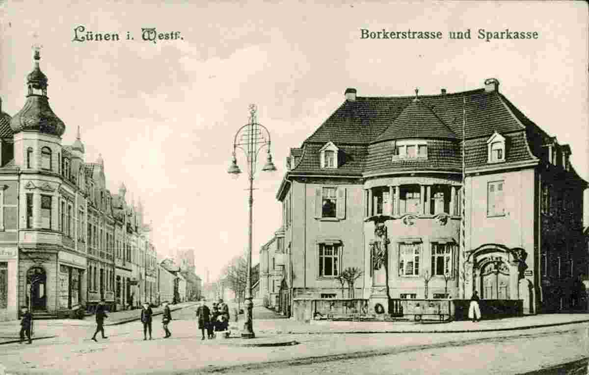 Lünen. Kriegerdenkmal und Sparkasse, um 1910