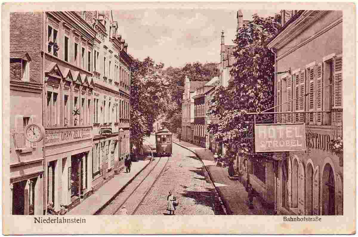 Lahnstein. Niederlahnstein - Bahnhofstraße, Hotel Strobel, Strassenbahn, 1919
