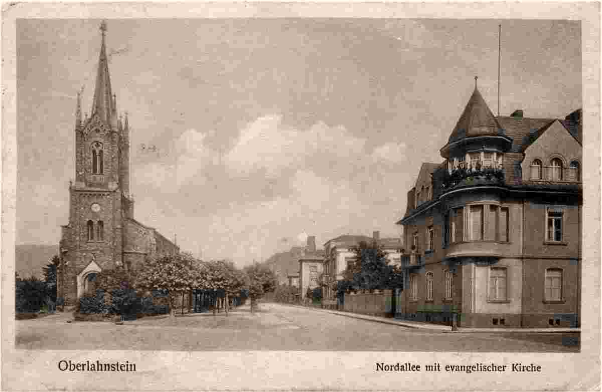 Lahnstein. Oberlahnstein - Nordallee mit evangelische Kirche, 1925