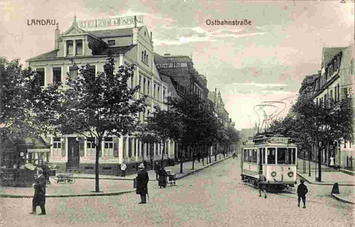 Landau. Ostbahnstraße, Hotel zum Kronprinz, Straßenbahn nach Neustadt, 1919
