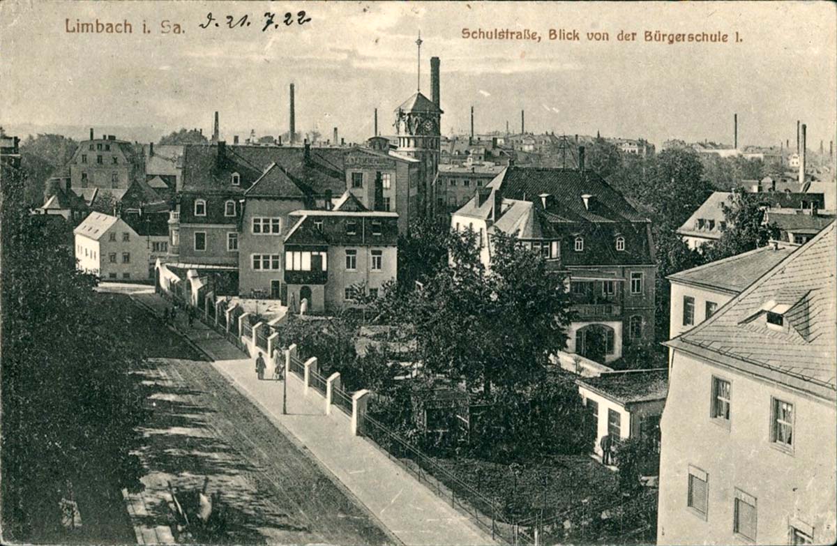 Limbach-Oberfrohna. Limbach - Schulstraße, Blick von der Bürgerschule I, 1922