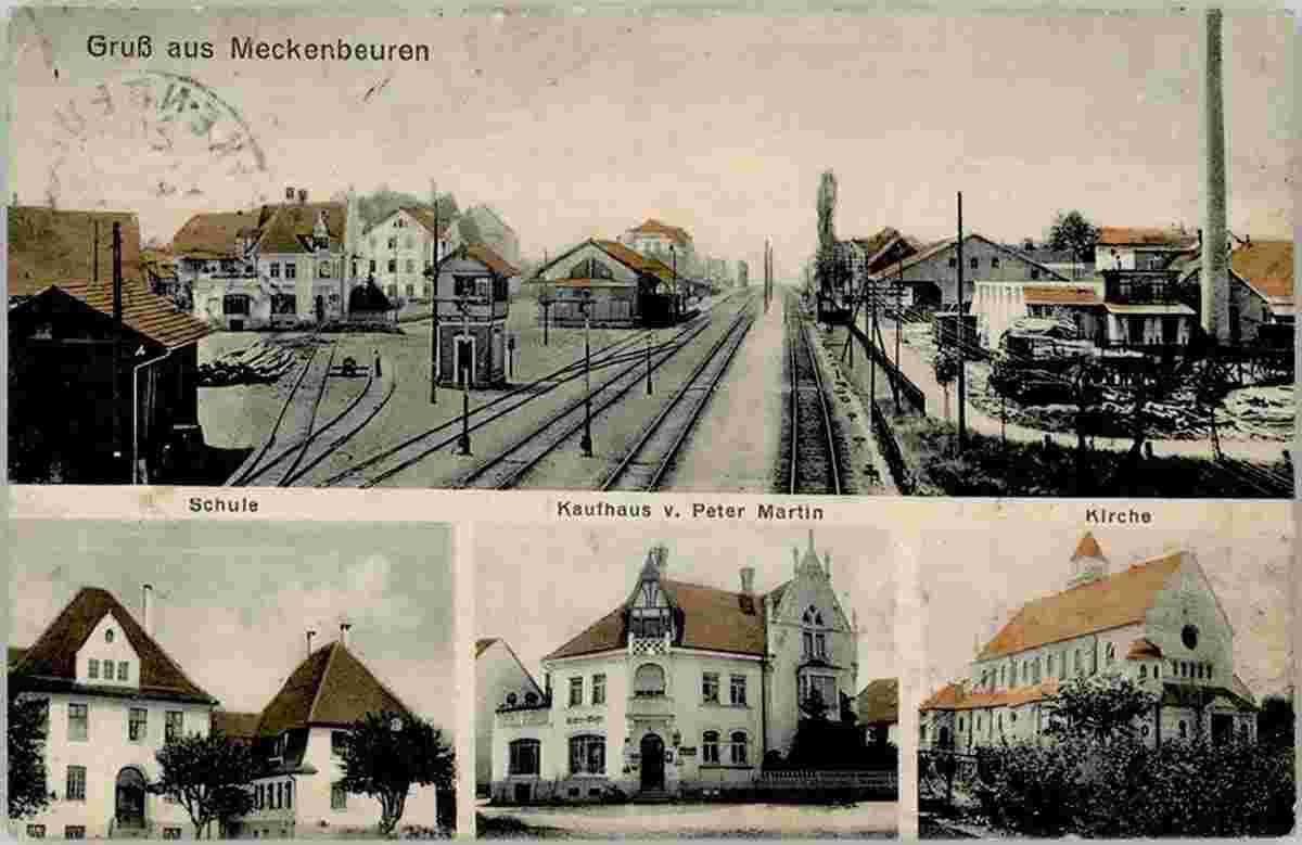 Meckenbeuren. Bahnhof, Kirche, Kaufhaus von Peter Martin, Schule