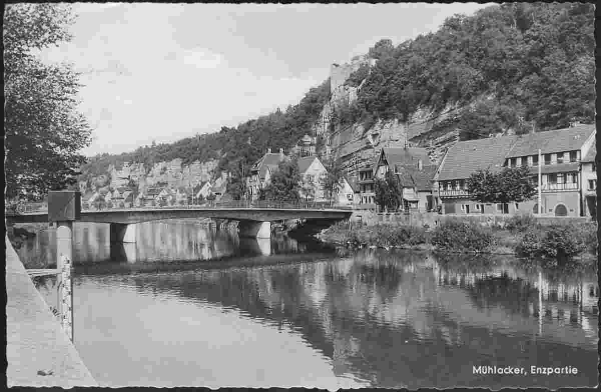 Mühlacker. Panorama von Brücke über Enz, 1956