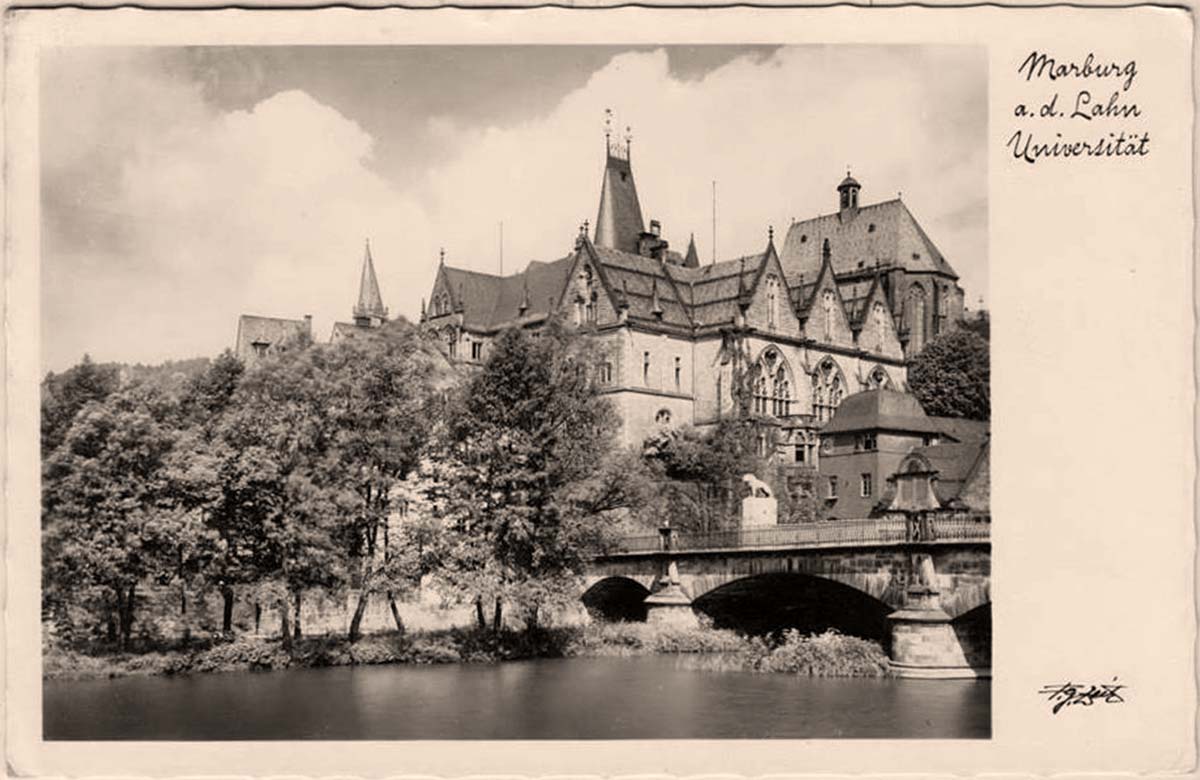 Marburg. Blick auf Universität und Brücke über Lahn