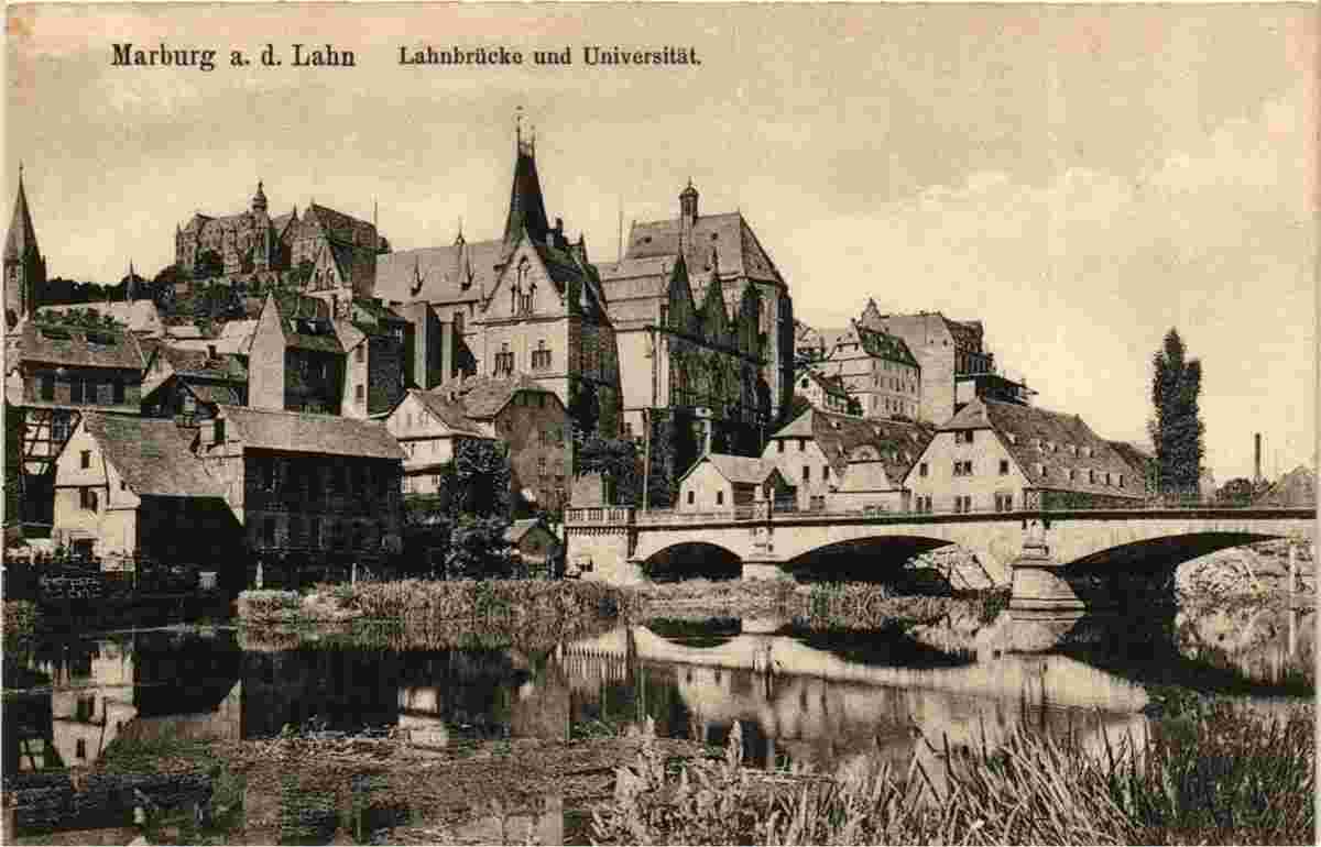 Marburg. Blick auf Universität, Schloß und Brücke über Lahn