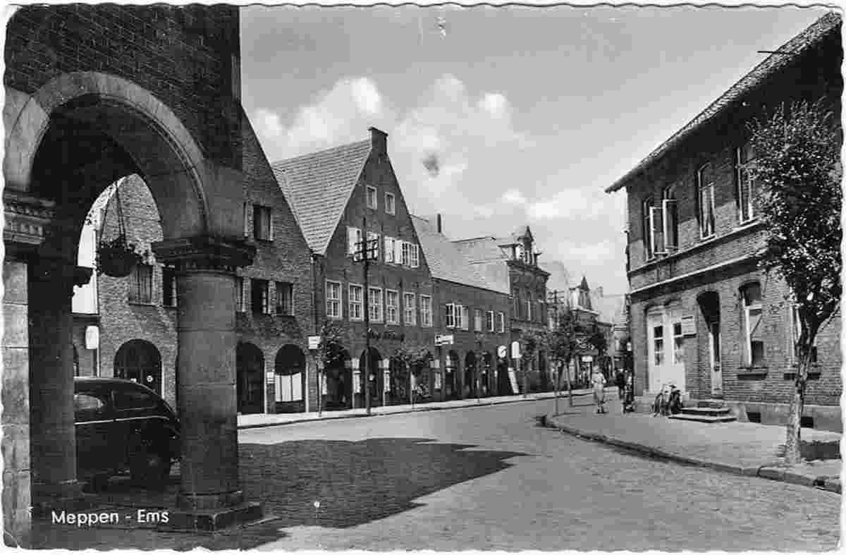Meppen. Rathaus und panorama von straße, 1954