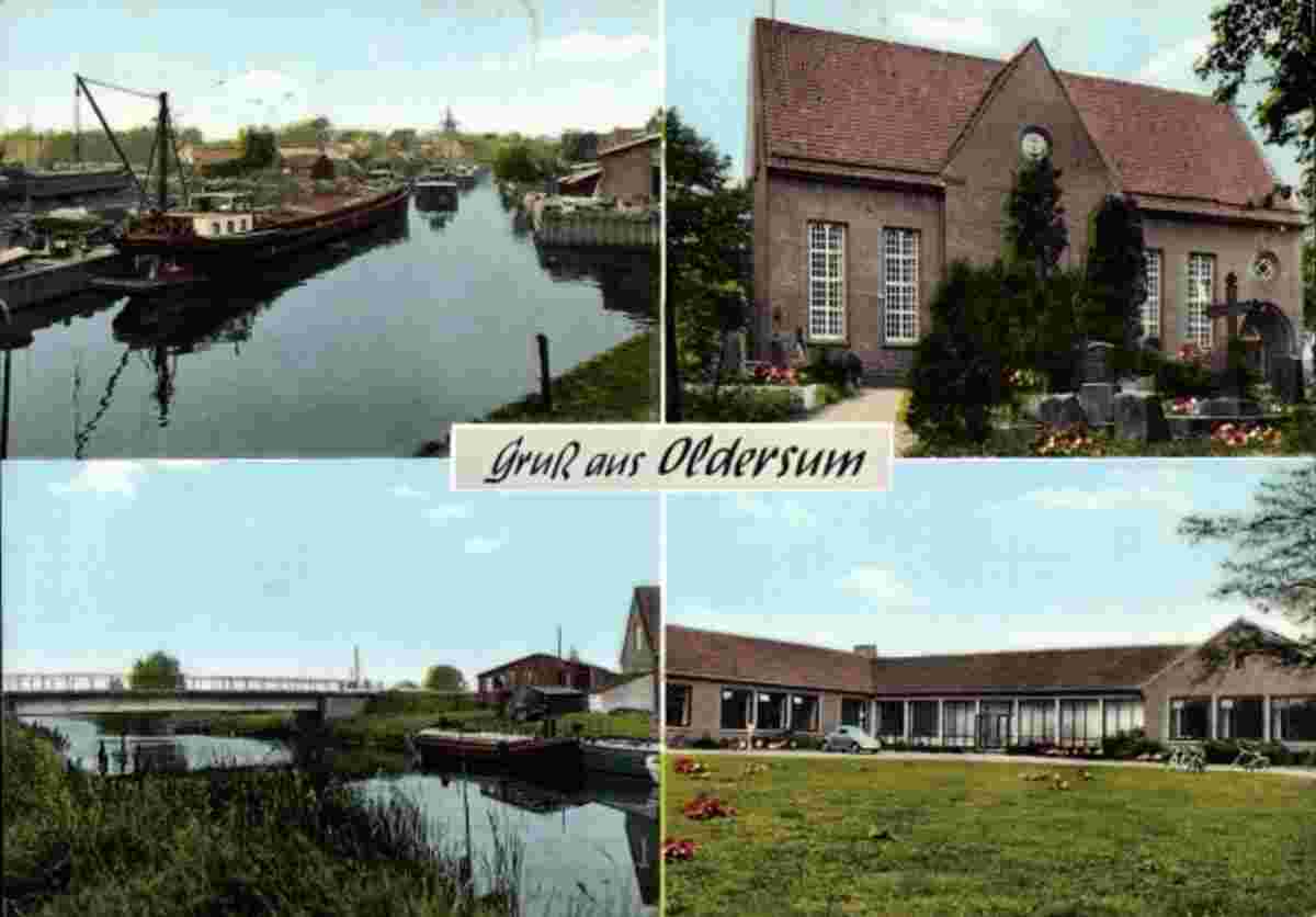 Moormerland. Oldersum - Hafen, Kirche, Fluss mit Brücke, Flachbau, 1968