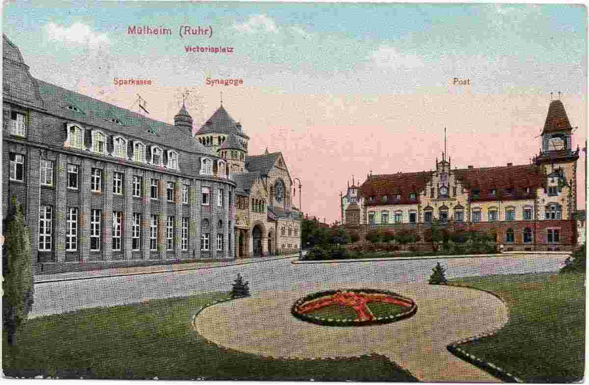 Mülheim an der Ruhr. Victoriaplatz - Sparkasse, Synagoge und Post
