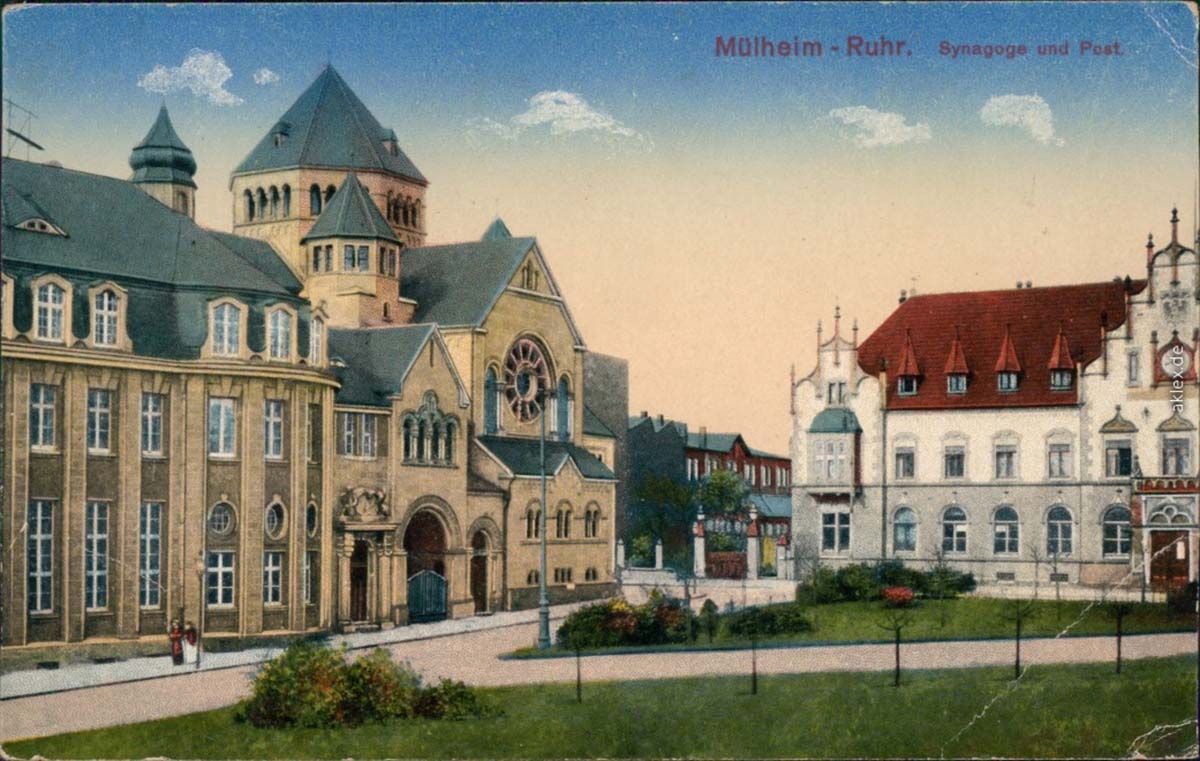 Mülheim an der Ruhr. Victoriaplatz - Synagoge und Post, 1924