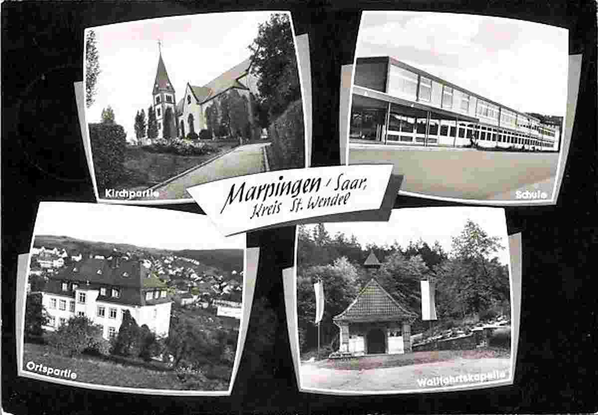 Marpingen. Panorama von Orts, Kirche, Schule, Wallfahrtskapelle, 1965
