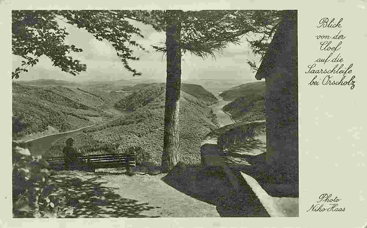 Mettlach. Orscholz - Schutzhütte, Blick von der Cloef auf die Saarschleife, um 1940s