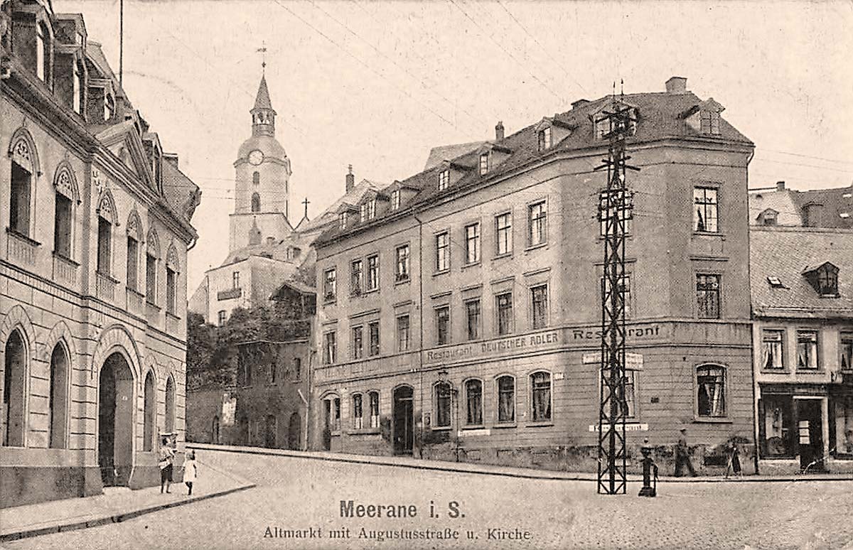 Meerane. Altmarkt mit Augustusstraße und Kirche, 1918