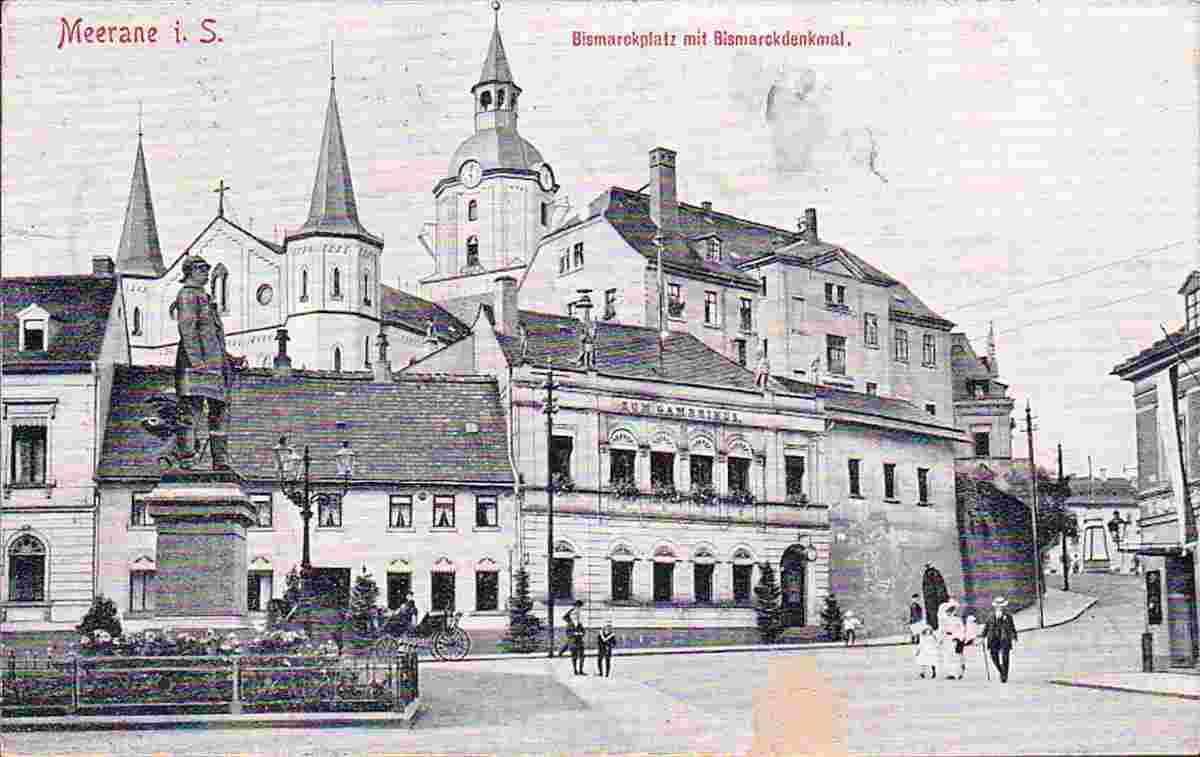 Meerane. Bismarckplatz mit Bismarckdenkmal, 1916