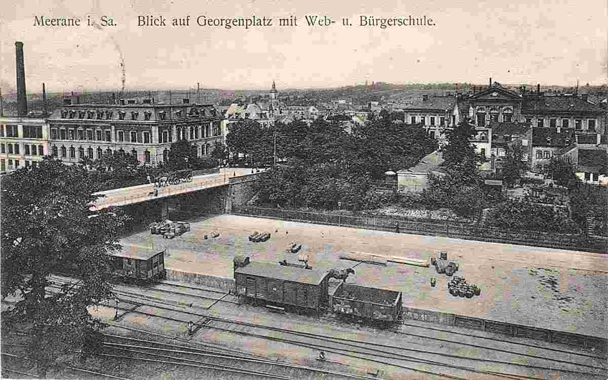 Meerane. Georgenplatz mit Web- und Bürgerschule, Brücke, 1912