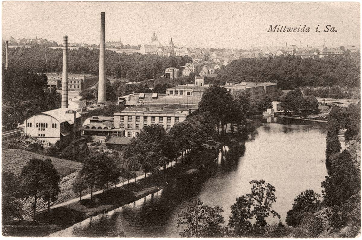 Mittweida. Fabrikanlage Schornsteine, 1912