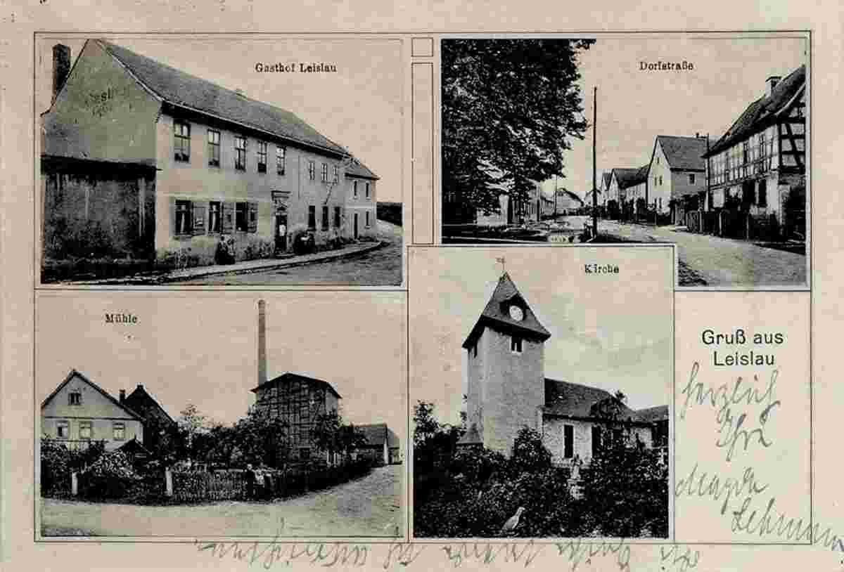 Molauer Land. Leislau - Gasthaus, Dorfstrasse, Mühle, Kirche