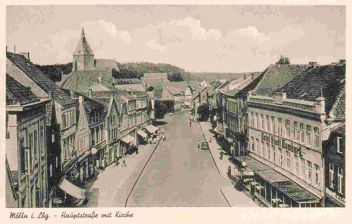 Mölln. Hauptstraße mit Kirche, von rechts - Hotel Stadt Hamburg