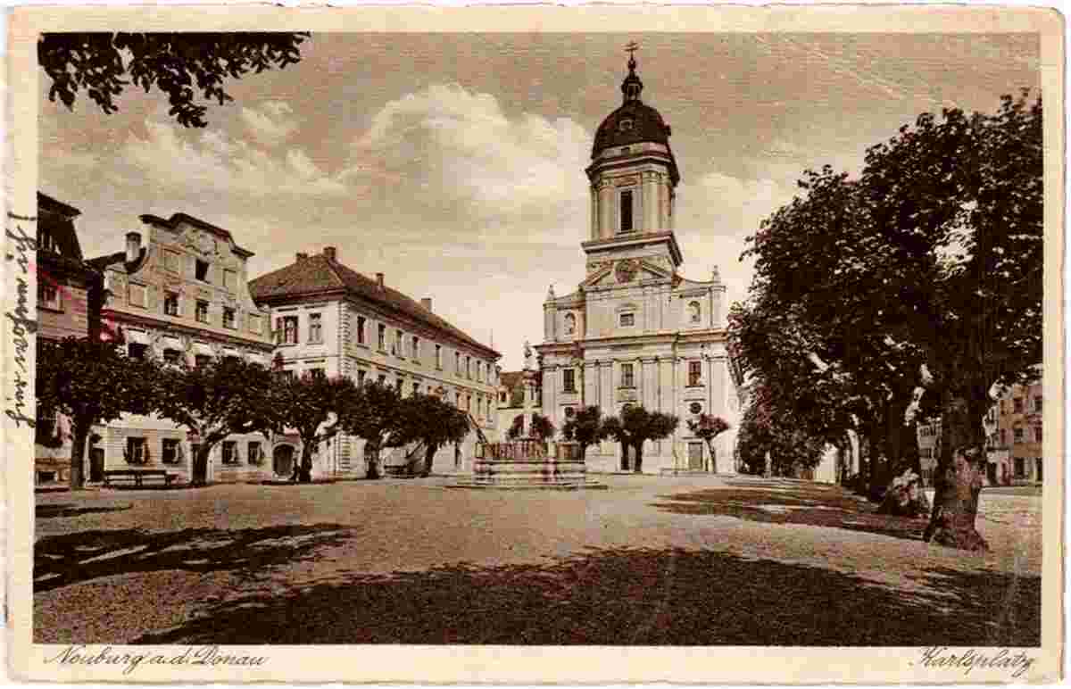 Neuburg an der Donau. Karlsplatz - Rathaus, Marienbrunnen und Hofkirche