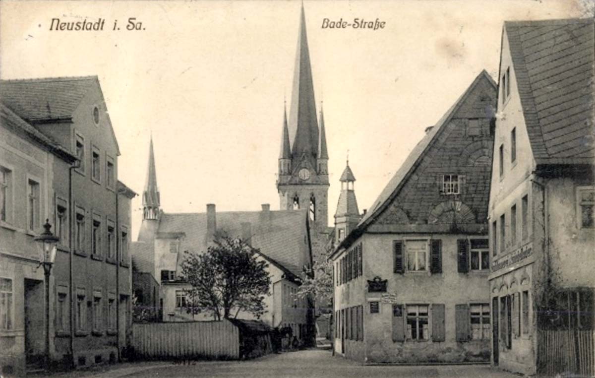 Neustadt in Sachsen. Badestraße, Kirche, 1910