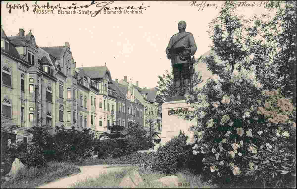 Nossen. Bismarckstraße mit Bismarck Denkmal, 1913