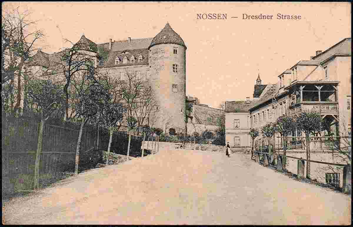 Nossen. Schloßturm und Dresdner Straße, 1903