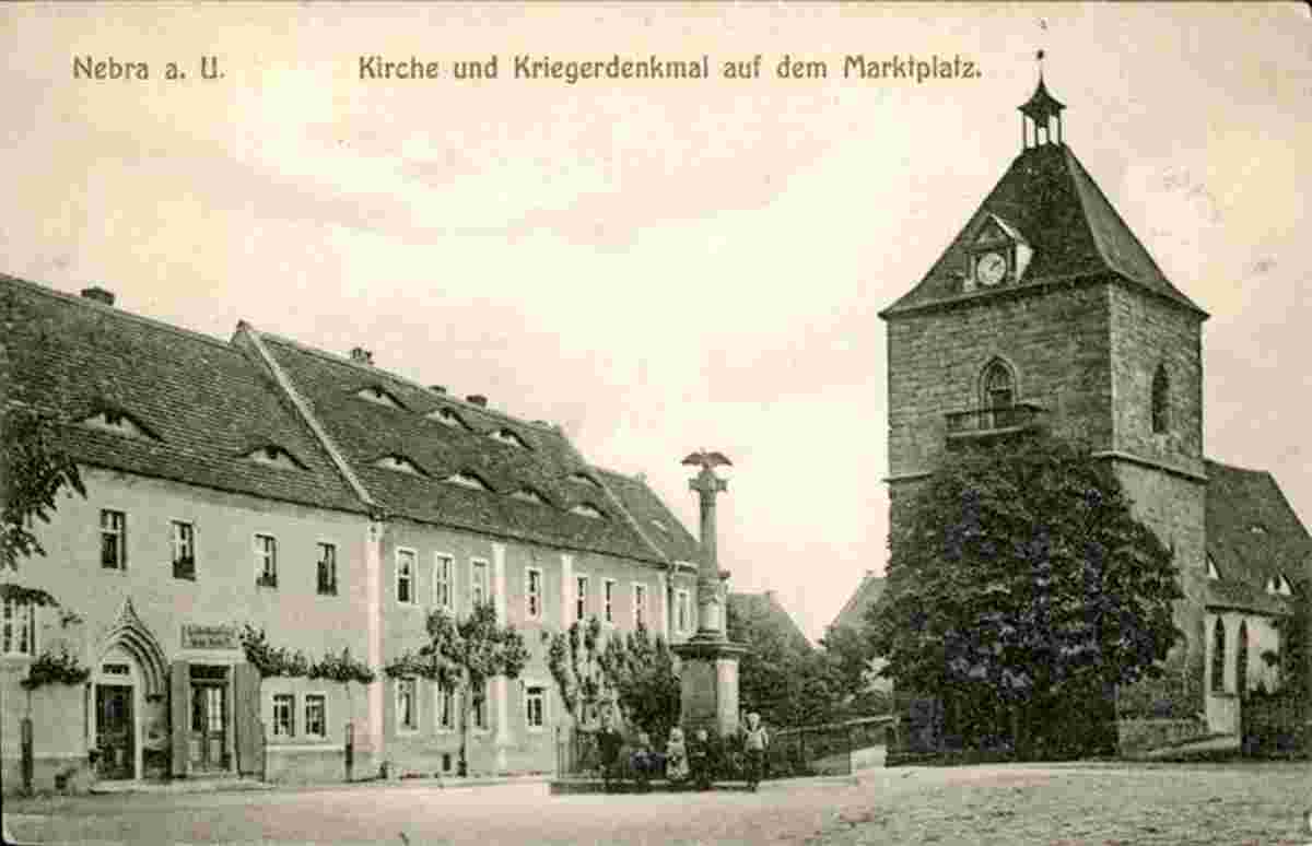 Nebra. Marktplatz, Kriegerdenkmal, Kirche St Georg, 1909