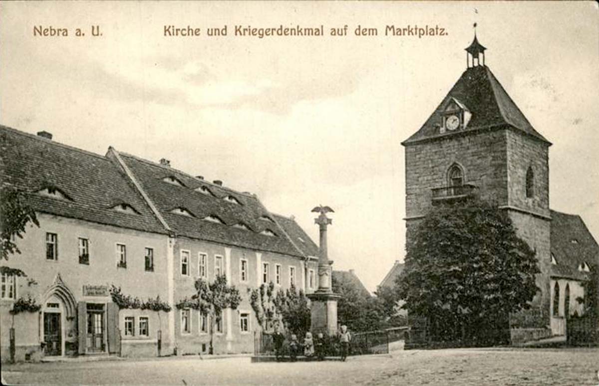 Nebra (Unstrut). Marktplatz, Kriegerdenkmal, Kirche St Georg, 1909