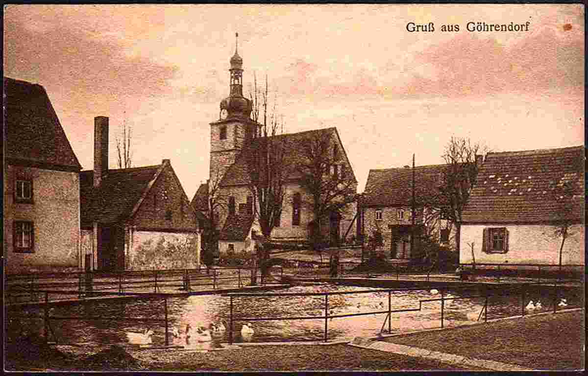 Nemsdorf-Göhrendorf. Göhrendorf - Kirche und Dorfteich, 1926
